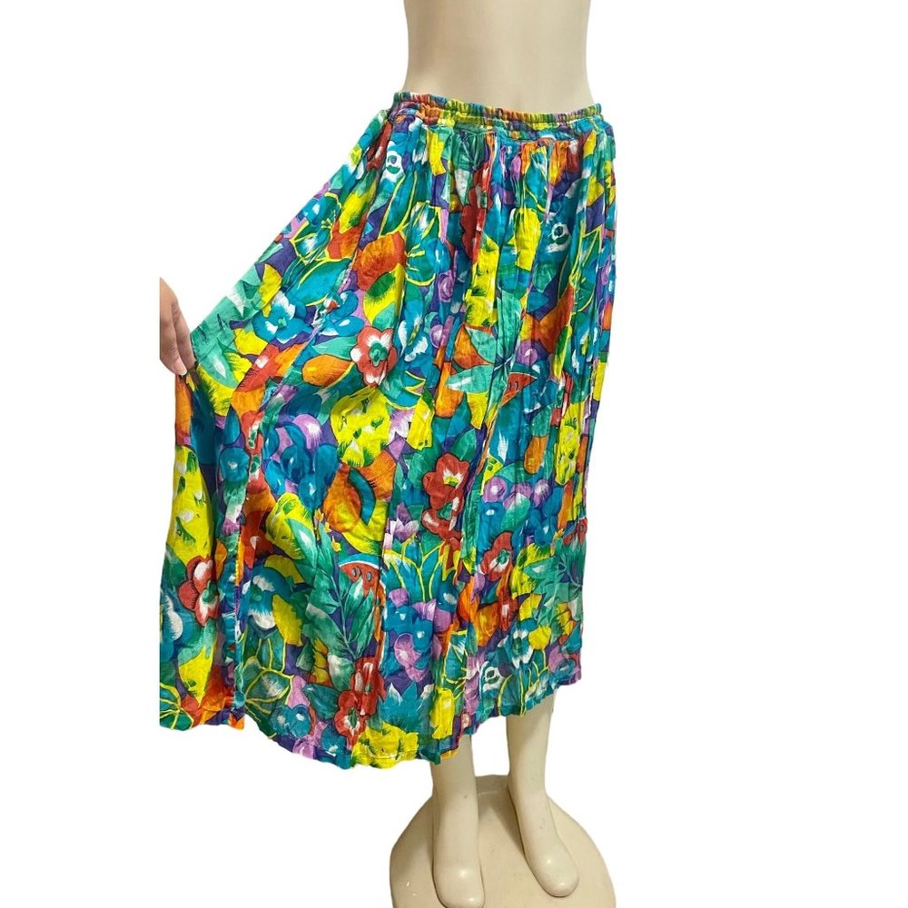 Vintage Colorful Floral Skirt by Blue Cabana size M 1970s multicolor flowy boho.